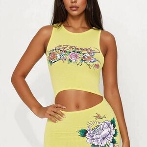 Ed Hardy Yellow Dress with Floral Accents